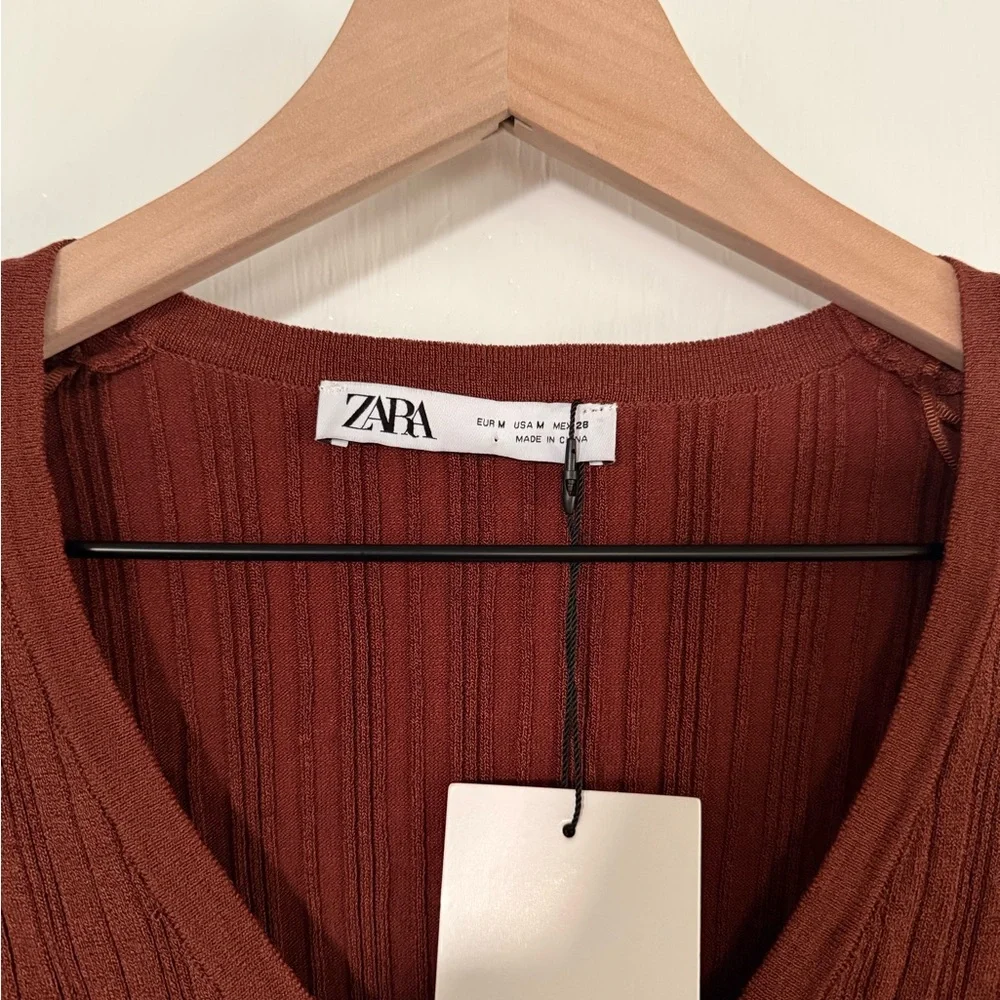 ZARA Ribbed Tie-Front Cardigan Top with Rosette Detail – Brown‎